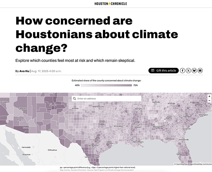 Screenshot of a Houston Chronicle article written by Ava Hu titled "How concerned are Houstonians about climate change" with a grey-scale map of the southern US, depicting interest in climate change by county