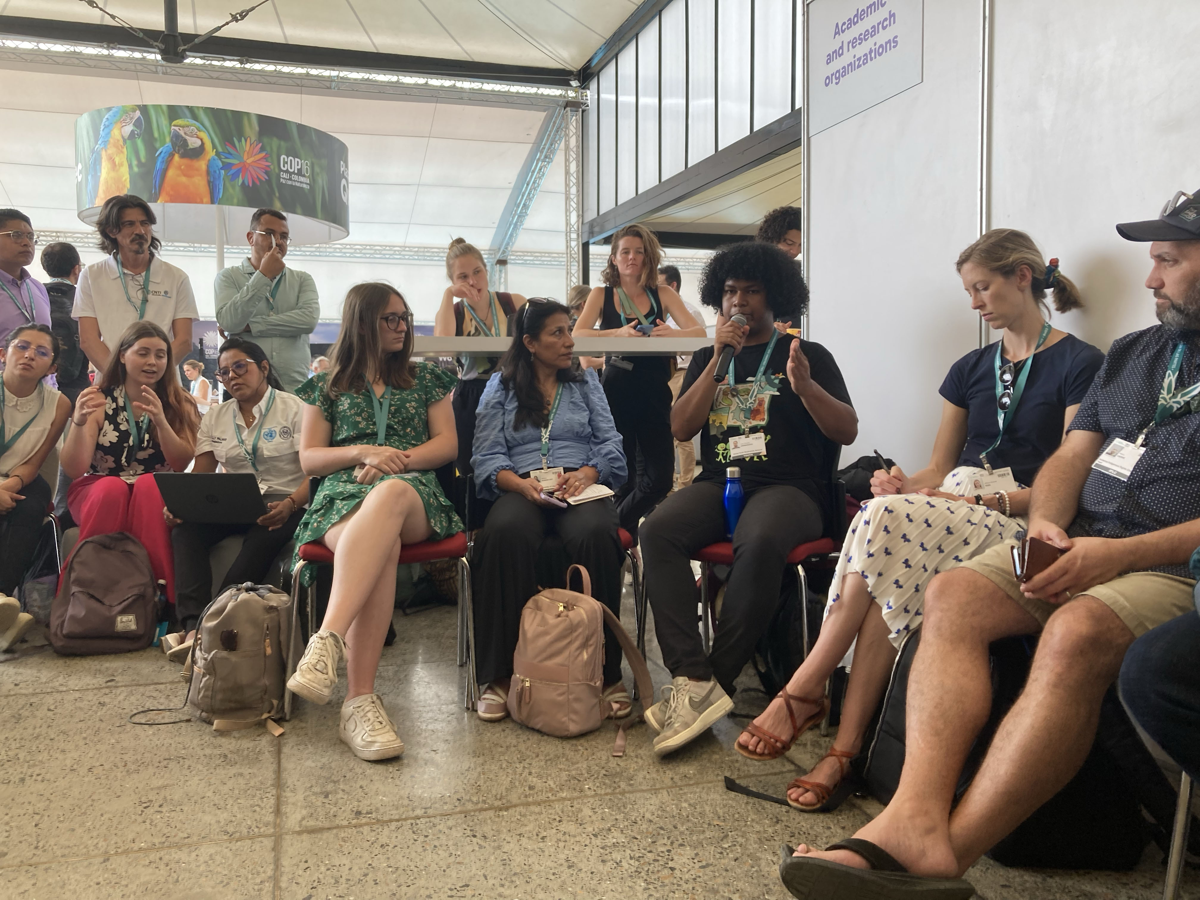 Participant holding microphone and speaking to attendees at DSE's COP16 side event