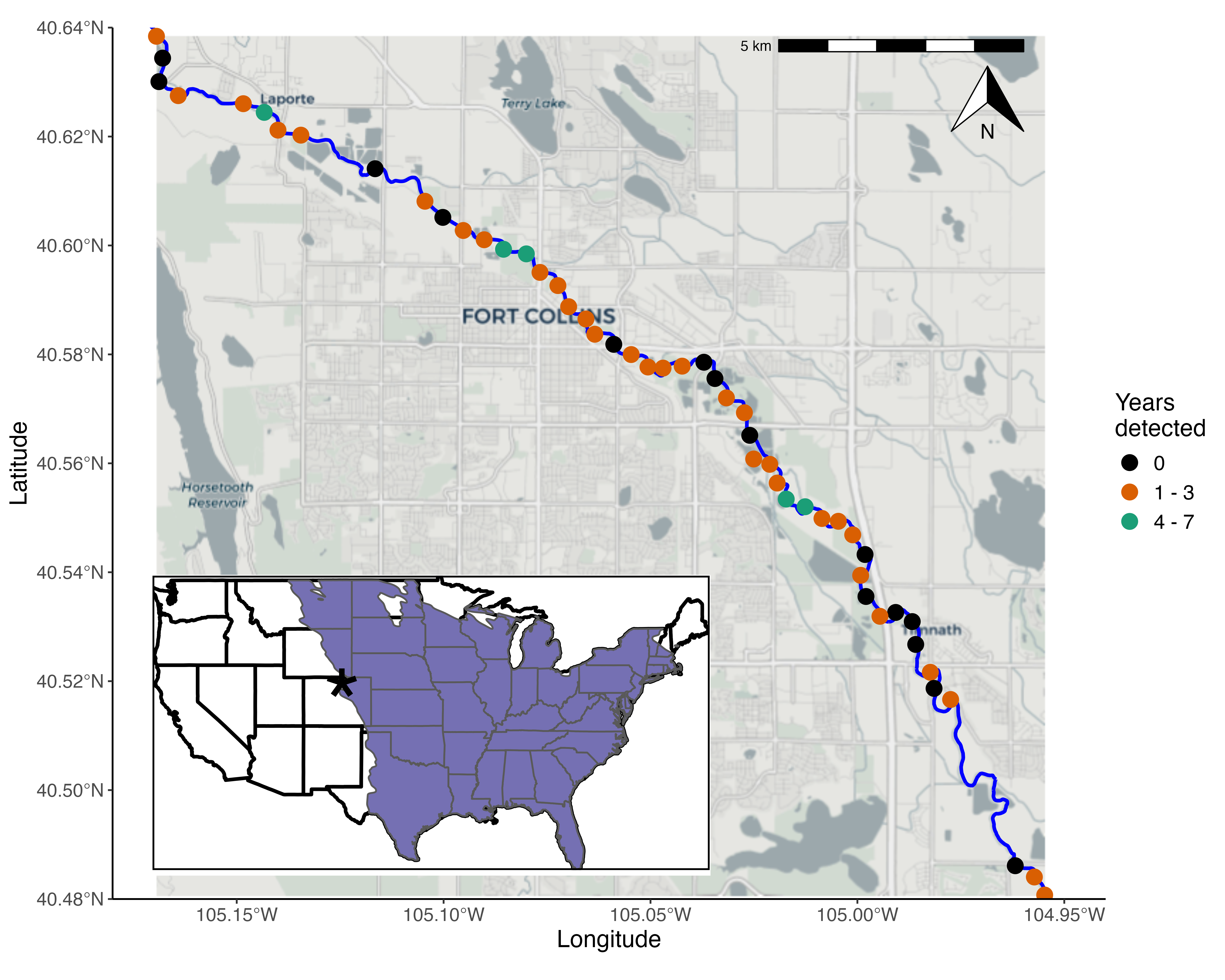 Monitoring sites from which data were collected from 2013-2021 for the Bird Conservancy of the Rockies' Eastern Screen-Owl monitoring program in Fort Collins, CO. Sites were located along the Cache La Poudre River (blue line) and the colors correspond tot he number of years an Eastern Screech-Owl was detected at a site.